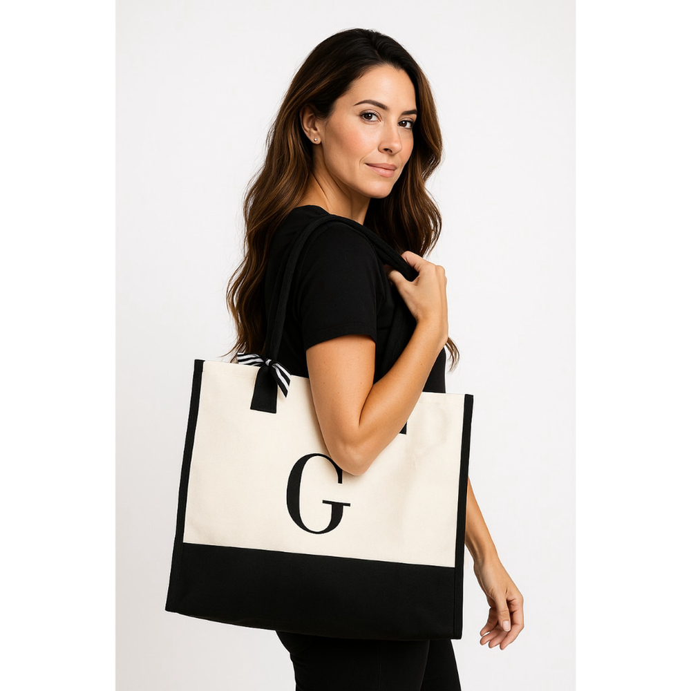 Women’s BeeGreen Embroidery Monogram Tote Bag – Initial “G” – Black & White –NWT